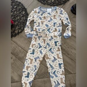 Cowboy Boot Print Kids Pajama Set - Cream, Blue, Tan